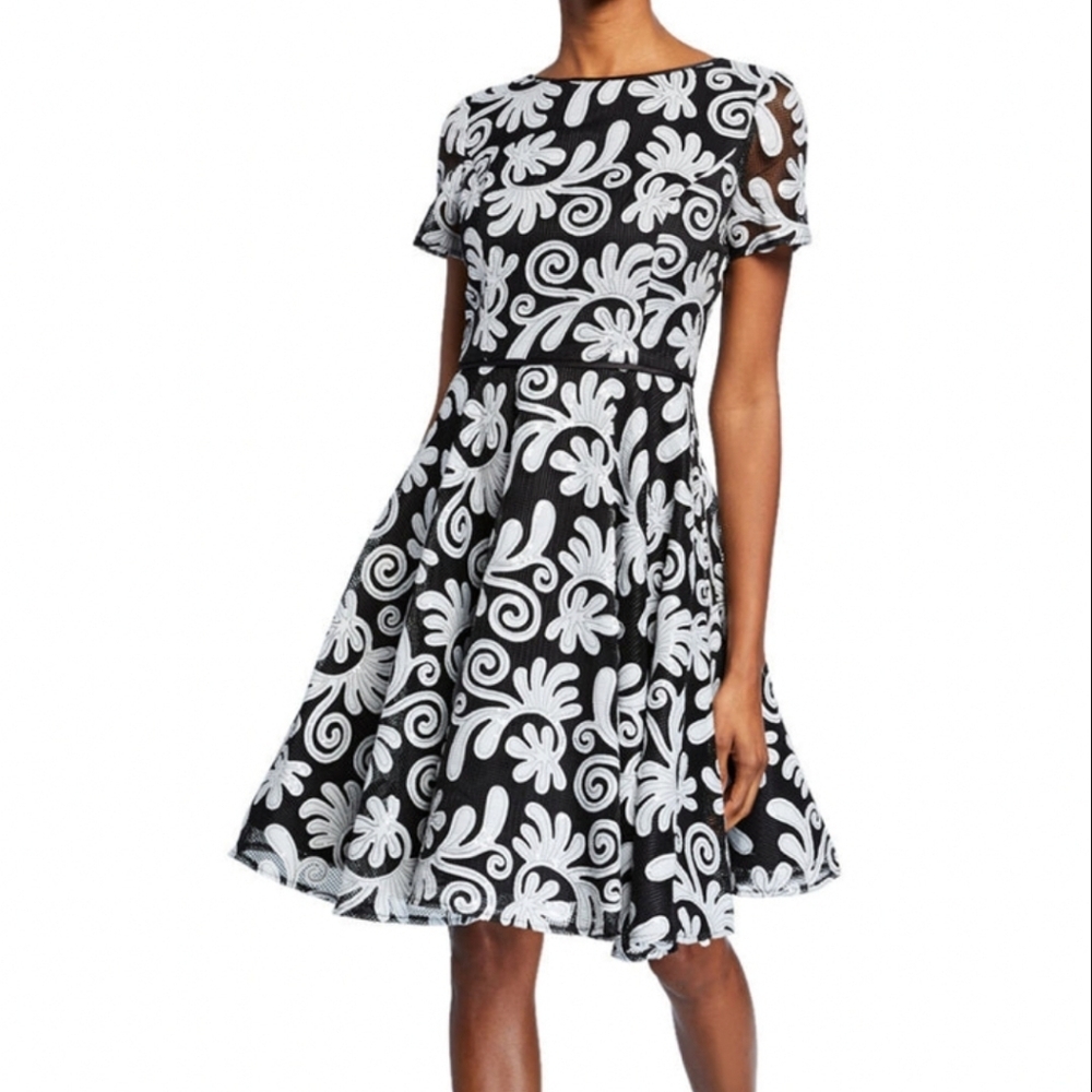 Shani Black and White Floral Fit-and-Flare Sequin Midi Dress Sz. 10
